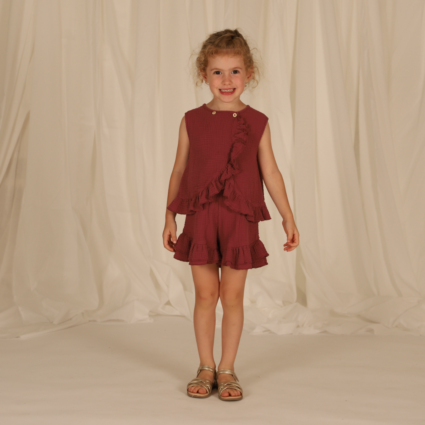 Blusa in mussola di cotone con ruches deco rose