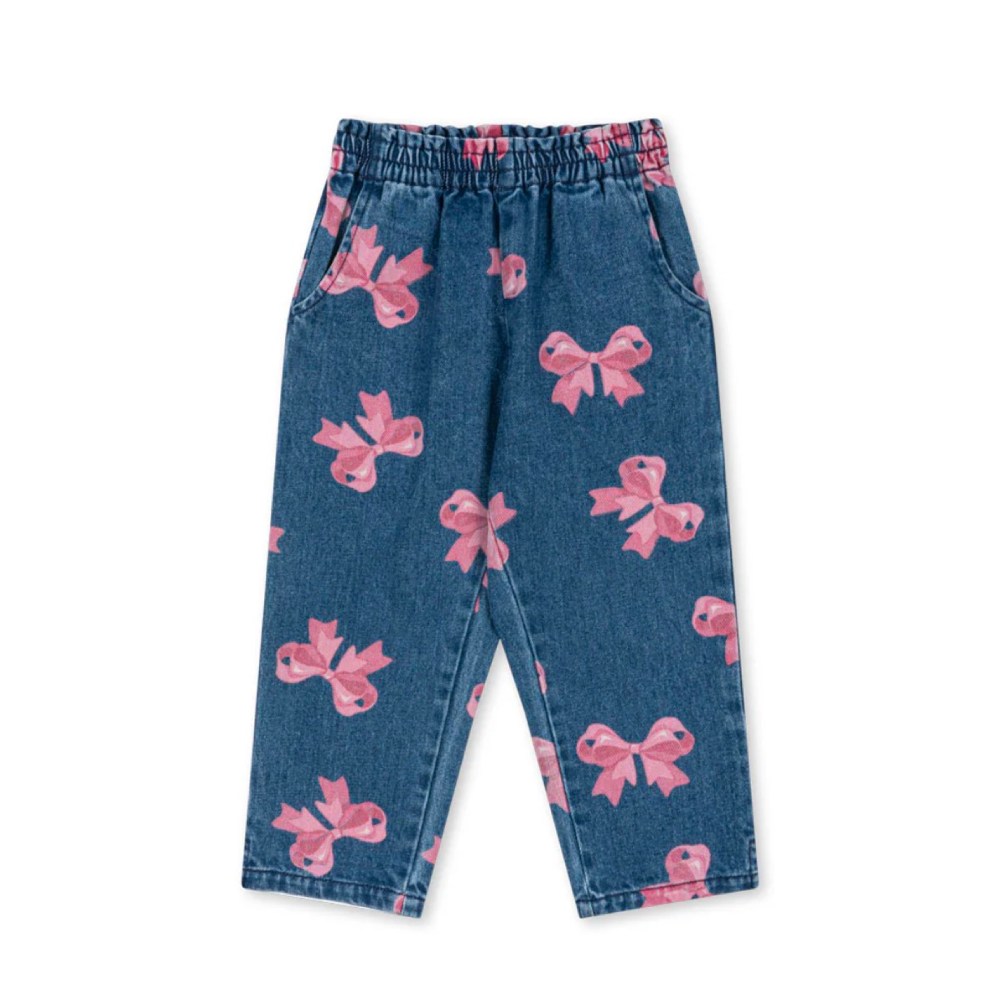 jeans in cotone organico con fiocchi rosa