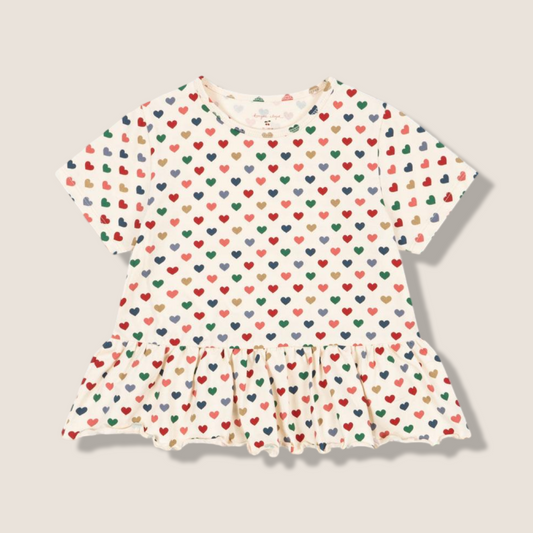 T-shirt in cotone organico GOTS con cuori e ruches
