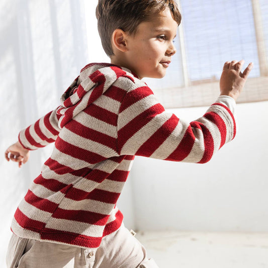 maglia con il cappuccio riga rosso e beige